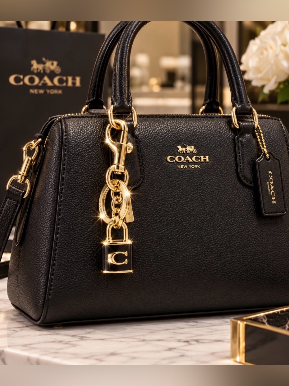 Coach Gold-Tone Metal and Black Enamel 'C' Padlock Bag Charm - Picture 2 of 2
